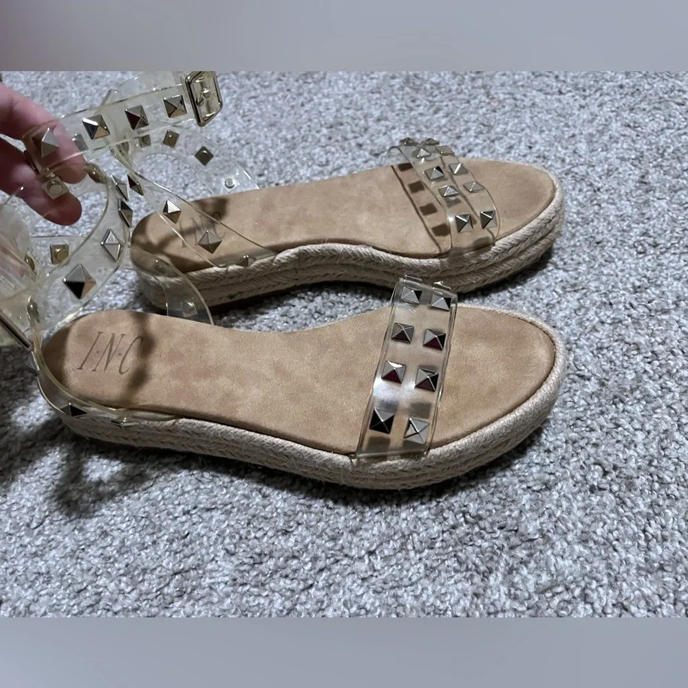 INC International Concepts Women's Valetta Woven Flatform‎ Clear Studs Sandals